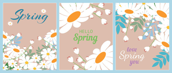 A set of poster designs on the theme of nature, spring, beauty, fashion with delicate daisies. Natural spring background, cover, sale banner, flyer design. Template for advertising.