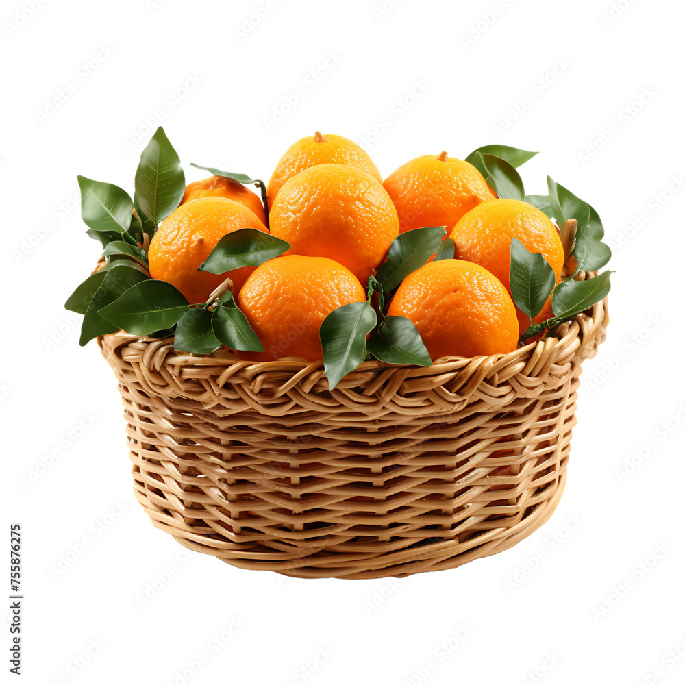 Poster oranges in a wicker basket - png cutout isolated in a transparent backdrop