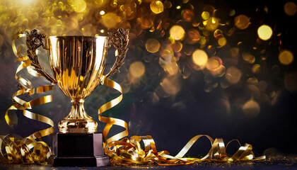 TAÇA DE CAMPEONATO: TROFEU COM CONFEITES EM CONCEITO DE CELEBRAÇÃO DA VITÓRIA PARA USO EM PLANO DE FUNDO COM ESPAÇO NEGATIVO PARA CÓPIA
