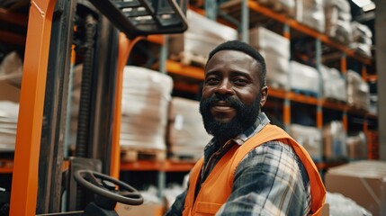 Young forklift driver sitting in vehicle in warehouse smiling looking at camera, AI Generative