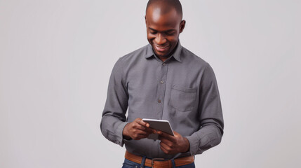 young man smiling and looking down at a tablet he is holding with both hands.