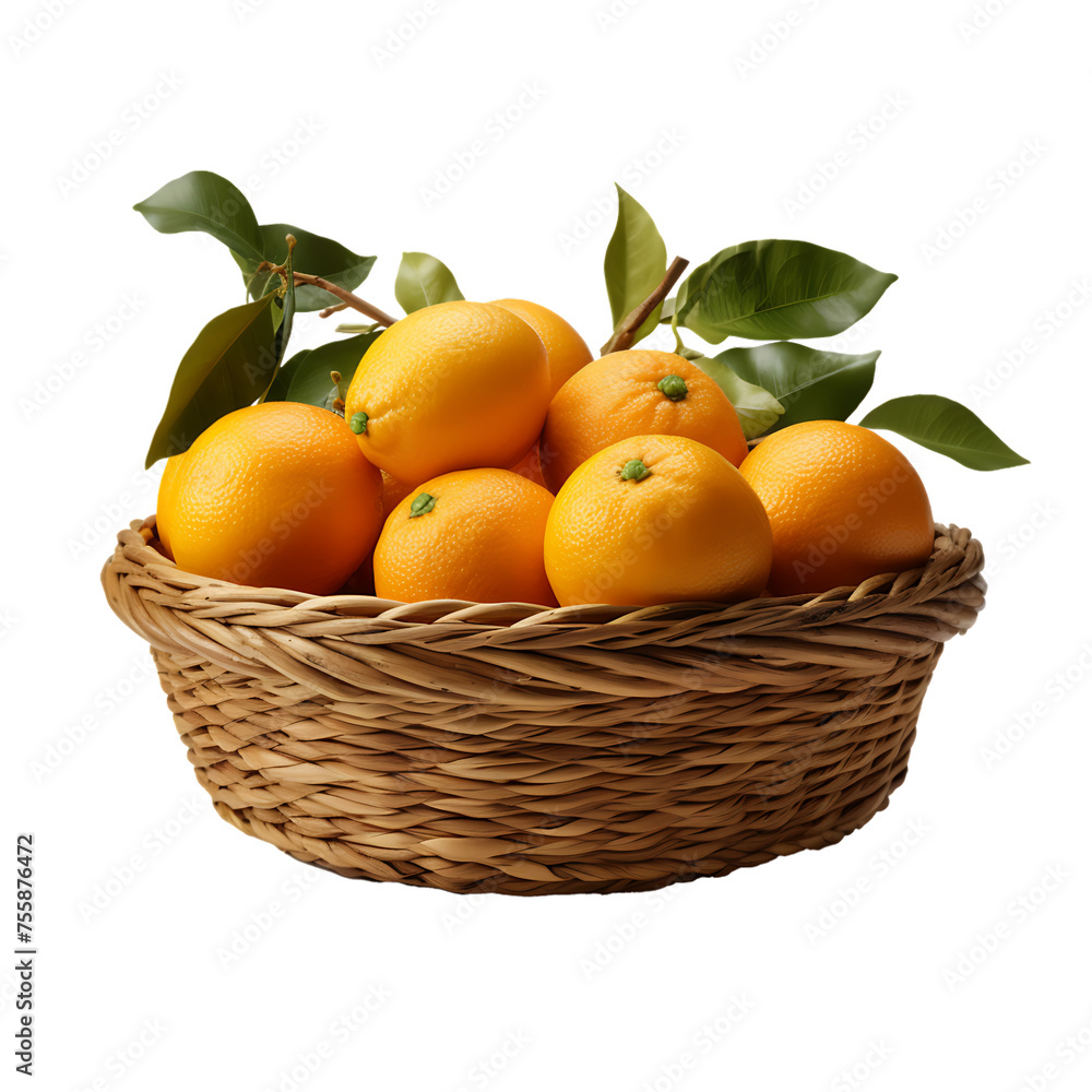 Poster oranges in a wicker basket - png cutout isolated in a transparent backdrop
