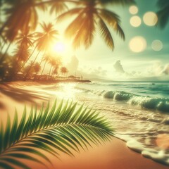 A blurred image featuring the lush greenery of tropical palm leaves on a beach, bathed in the warm sunlight with a bokeh effect. The abstract background exudes a serene atmosphere