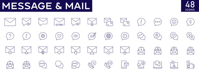 Message and Mail icons set with fully editable stroke thin line vector illustration with spam message, inbox, audio message, video message, letter, testimonials, new message, communication, contact - obrazy, fototapety, plakaty