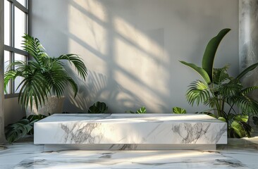White Marble Bench in Room With Potted Plants
