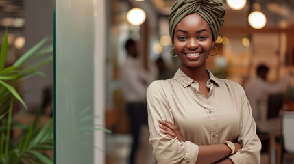 confident young woman with a head wrap and a beige shirt is smiling at the camera with her arms crossed, standing in a well-lit cafe with blurred patrons in the background.