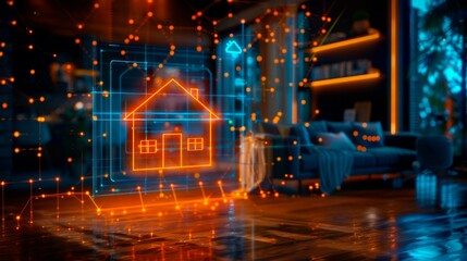 Digital hologram of a smart home technology icon with orange light and blue lines in a living room at night, horizontal banner 