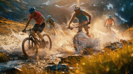 Fototapeta premium Adventurous mountain bikers racing through a mountain stream, splashing water in the glowing light of sunset.