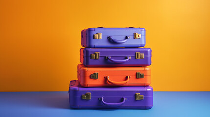 Obraz premium purple yellow and orange suitcases on a blue background сreated with Generative Ai