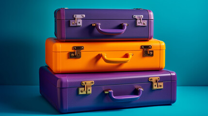 purple yellow and orange suitcases on a blue background сreated with Generative Ai