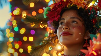A young girl adorned with festive accessories gazes joyfully at Christmas light decorations during the holiday season.