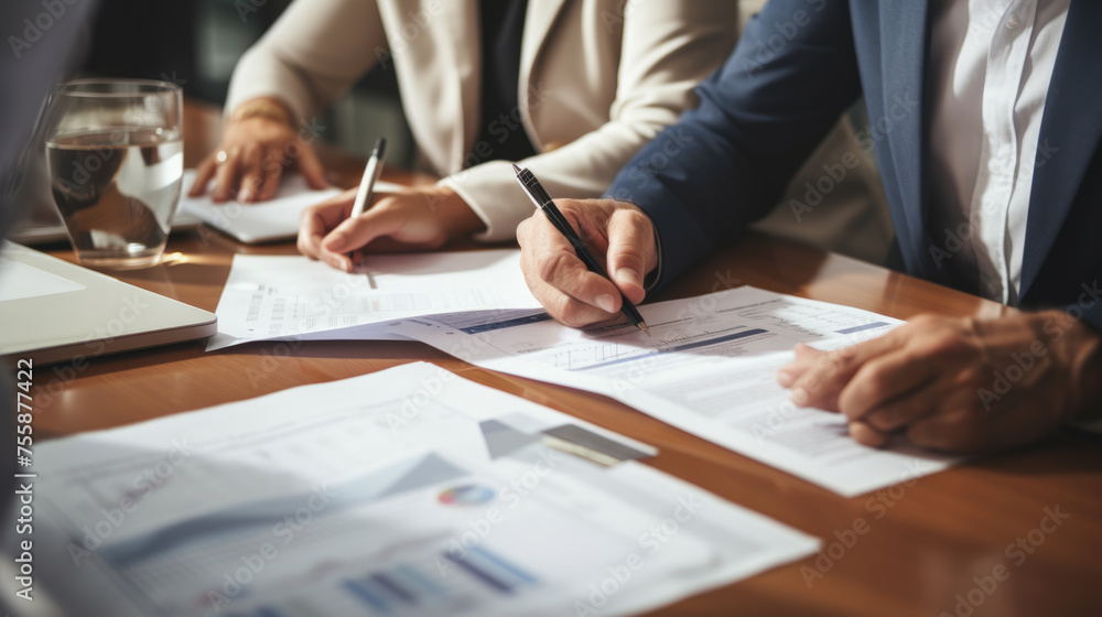 Poster close-up view of hands signing a document, with multiple individuals engaged in a business meeting a