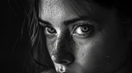 A powerful black and white portrait capturing the intense gaze and detailed features of a young woman's face.