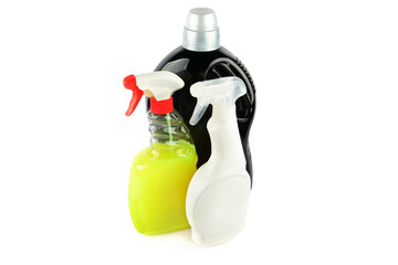 Bottles with household chemicals isolated on white.
