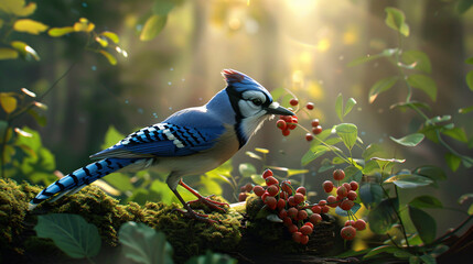 A blue jay collecting berries in a sun dappled - obrazy, fototapety, plakaty