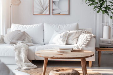 Serene Scandinavian Living Room Nook. A serene nook with a plush white sofa and rustic wooden table.