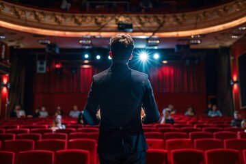 a motivator is giving a speech on stage, AI generative