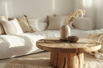 Fototapeta na wymiar Sunlit Scandinavian Living Room with Rustic Accents. Soft morning light floods a Scandinavian living room, highlighting the rustic wooden table and cozy neutral textiles.