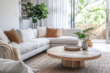Scandinavian Elegance in Home Design. Modern Scandinavian living room with earth-toned accents and lush greenery.