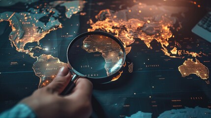 Hand holding magnifying glass a world map searching for hidden investment opportunities.