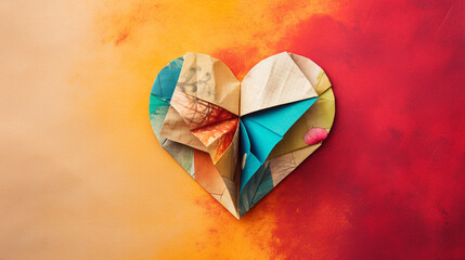 origami heart with vintage paper on a colorful background сreated with Generative Ai