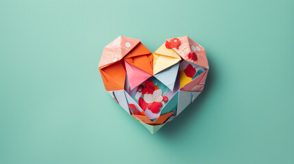 origami heart with vintage paper on a colorful background сreated with Generative Ai