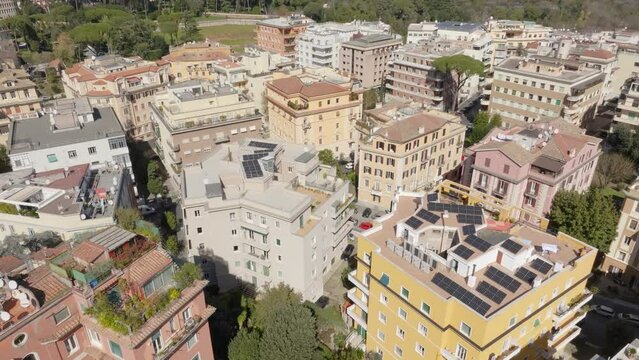 Aerial view of houses and buildings in the Parioli district in Rome, Italy. Located in the city center, it is one of the most valuable neighborhoods in the Italian capital.