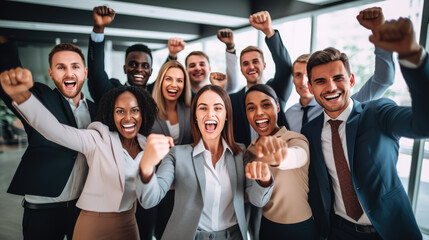 Group of business professionals with raised fists, celebrating a success or achievement in a corporate environment.