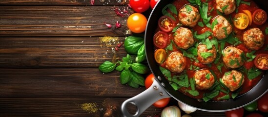 Meatballs with delicious spicy tomato sauce in a frying pan served on a wooden table