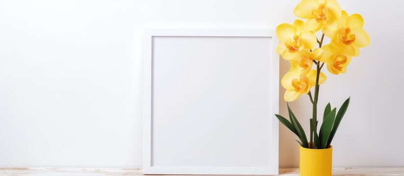 A vibrant yellow orchid in a matching yellow vase is displayed next to a sleek white picture frame, creating a beautiful and harmonious arrangement