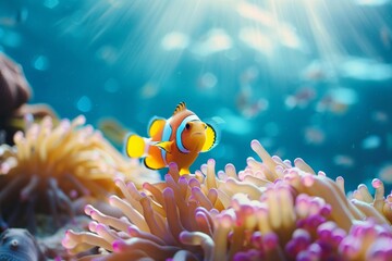 Naklejka na ściany i meble Clown fish swimming on anemone underwater reef background. ai generative