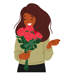 Radiant Black Young Woman Character Cradles A Vibrant Bouquet Of Red Roses, Their Scarlet Hues Echoing The Passion