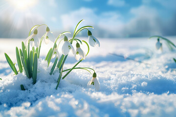 Spring snowdrops in the snow in garden. Banner with first white flowers under sunlight with copy space. The Day of Snowdrop concept. Close up floral background of fresh nature for greeting card.