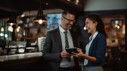 Cafe worker and owner smiling and engaging with each other while using a tablet