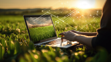 Person working on a laptop in an agricultural field at sunset, with a visual representation of data connectivity or innovation in farming technology overlayed on the image.