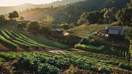 Fototapeta na wymiar The golden light of sunrise bathes terraced vegetable gardens in a rural hilly landscape, highlighting sustainable agriculture.