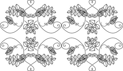 line art illustration of tendrils, leaves and butterfly pea flowers for horizontal seamless pattern tile