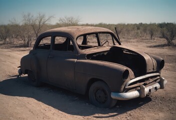 A burnt-out car. Car old burned by fire. Fire burned car.