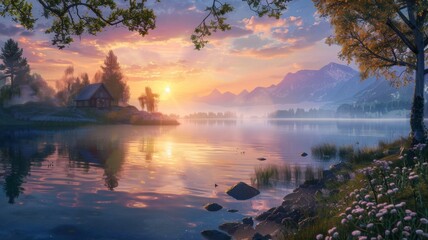 Idyllic sunrise at a lakeside cabin - A picturesque sunrise reflecting on a calm lake with a cozy cabin nestled among trees and mountains in the background