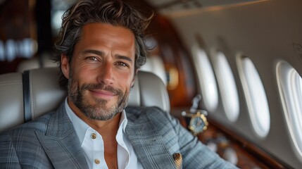 a man in a suit is sitting on a private jet