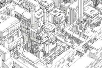 Isometric city built entirely with black lines, highlighting structure and organization.