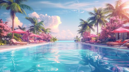 Luxurious tropical poolside at sunset - An inviting swimming pool surrounded by palm trees and loungers under a pink sunset sky, illustrating luxury and relaxation - obrazy, fototapety, plakaty