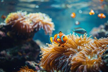 Naklejka na ściany i meble Clown fish swimming on anemone underwater reef background. ai generative