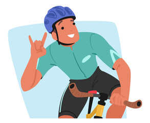 Sportsman Cyclist Confidently Rides His Bike, While Flashing The Iconic Rock Gesture, Exuding A Spirit Of Determination
