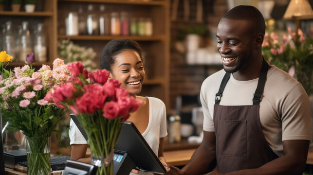 Smiling male florist in an apron is interacting with a customer and using a smartphone, with a variety of flowers in the background within the flower shop.
