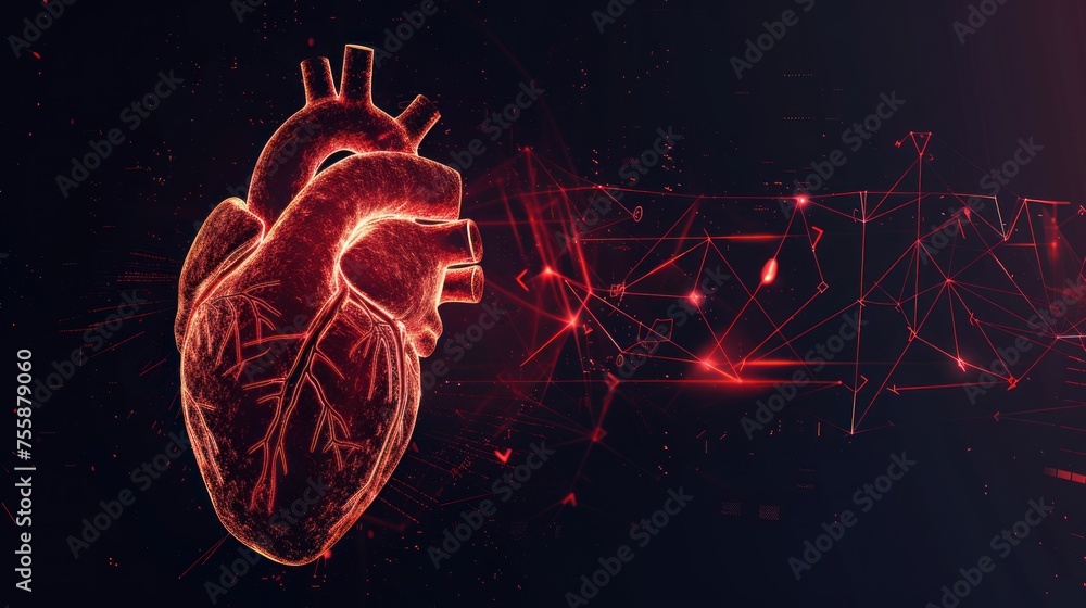 Poster a heart is shown in a black background with red lines surrounding it. the heart is surrounded by a l
