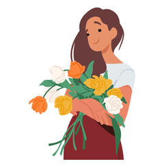 Woman Cradles A Vibrant Bouquet with Orange, Yellow and white Petals, Her Eyes Bloom With Joy, A Garden In Her Hands