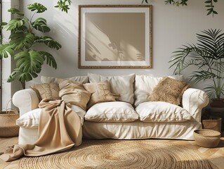 Frame mockup of a wall blank frames in living room with couch, sunlight and shadow from the window,
