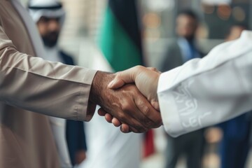 Arab businessmen shake hands with European businessmen. The man on the left is wearing a brown suit and the man on the right is wearing a white suit