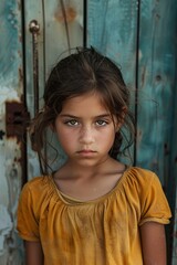 Naklejka premium Little Girl in Red Dress by Door